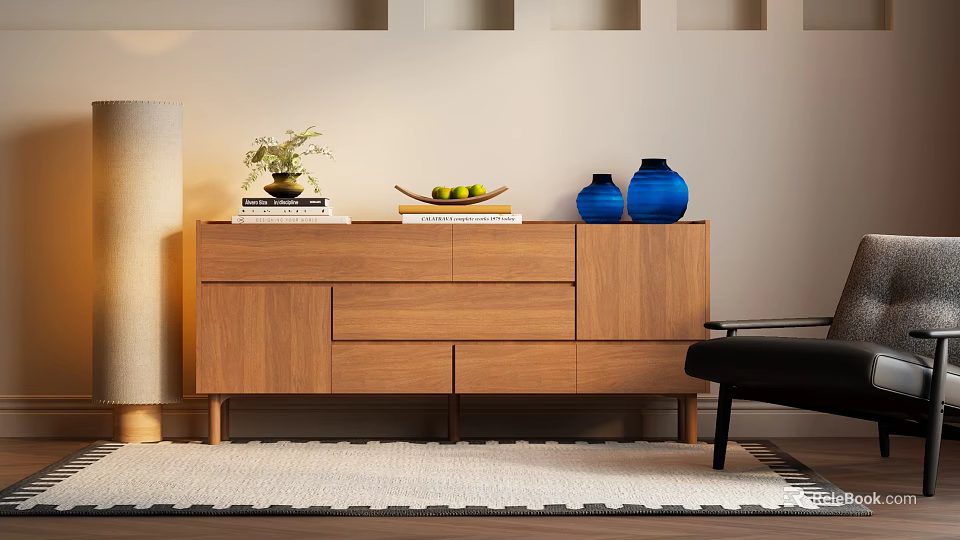 Modern Wooden Sideboard With Drawers Stacked Books Fresh Fruits And Blue Vases 3d model 