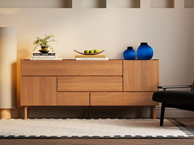 Modern Wooden Sideboard With Drawers Stacked Books Fresh Fruits And Blue Vases 3d model