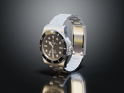Elegant Modern Silver Watch With Black Dial And Metallic Strap Design 3d model