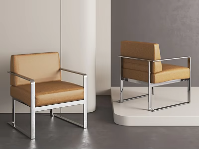 Two Light Brown Leisure Chairs With Silver Metal Frame Modern Design 3d model
