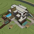 Modern Detached Villa Exterior Design With Glass Windows Stone Facade And Outdoor Lawn