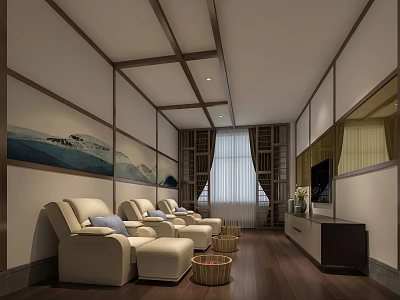 SPA Sauna Interior Design with Beige Massage Chairs Wooden Flooring and Landscape Paintings 3d model