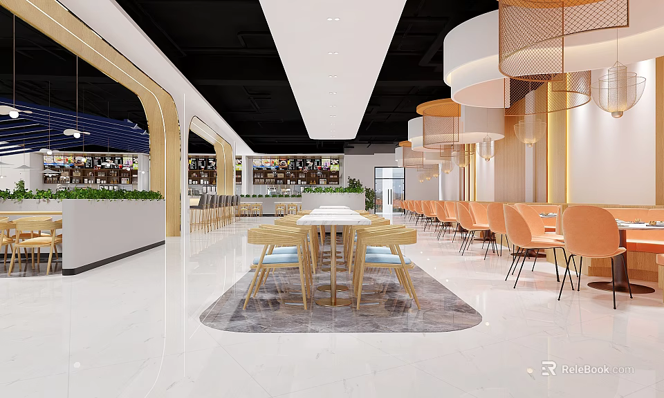 Modern Restaurant Interior Design With Long Wooden Table Orange Chairs And Pendant Lights 3d model 