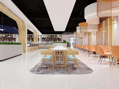 Modern Restaurant Interior Design With Long Wooden Table Orange Chairs And Pendant Lights 3d model