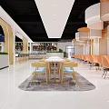 Modern Restaurant Interior Design With Long Wooden Table Orange Chairs And Pendant Lights