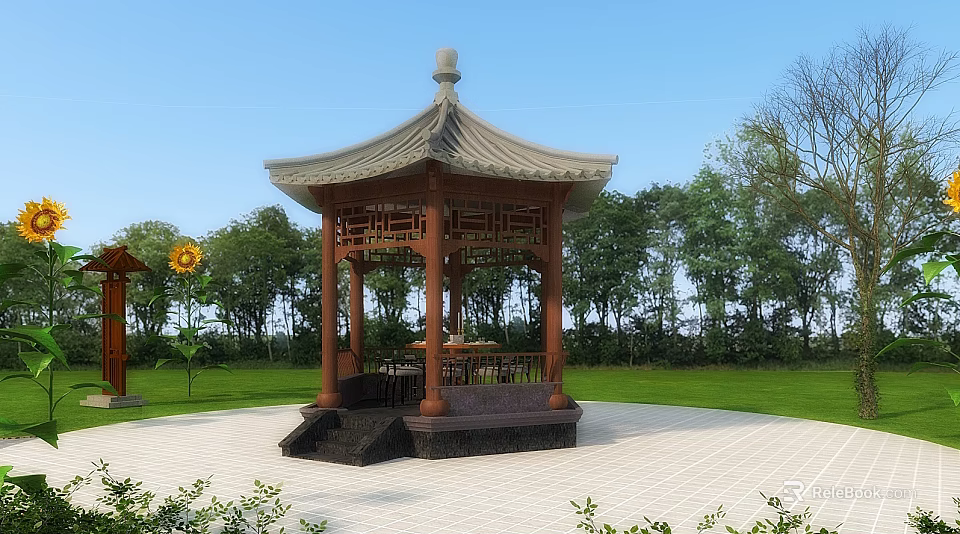 Traditional Garden Pavilion With Wooden Frame Tiled Roof Green Lawn And Surrounding Trees 3d model 