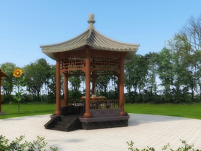 Traditional Garden Pavilion With Wooden Frame Tiled Roof Green Lawn And Surrounding Trees 3d model