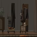 Wooden Coat Rack With Hanging Coat Brown Bag Rattan Base And Teddy Bear Indoor