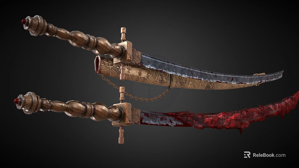 Traditional Decorative Weapons With Carved Wooden Handles Bloodstained Blades Connected By Chain 3d model 