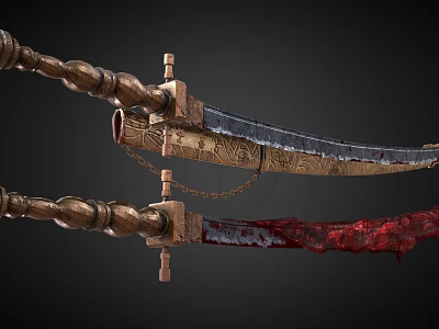 Traditional Decorative Weapons With Carved Wooden Handles Bloodstained Blades Connected By Chain 3d model