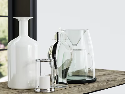 Inflatable Decorative Vessels Featuring White Bottles And Transparent Kettles On Wooden Table With Green Plants 3d model