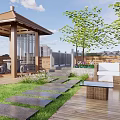 Roof Garden with Wooden Pavilion Lawn Stone Pathway Outdoor Seating and Trees
