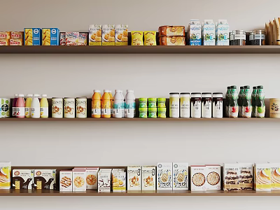 Well Arranged Food Shelves With Various Packaged Snacks Drinks And Grocery Items 3d model