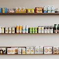 Well Arranged Food Shelves With Various Packaged Snacks Drinks And Grocery Items