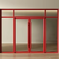 Red Double Doors With Glass Panels And Frame Against Light Wall And Wooden Floor
