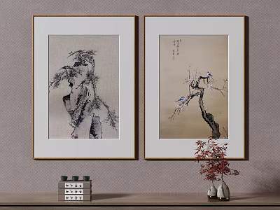 Framed Plant Paintings With Branches And Red Maple Leaves For Interior Decor Alongside Books And Vase 3d model