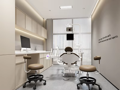Dental Clinic Interior With Treatment Chair Rolling Stools Computer And Blinds 3d model