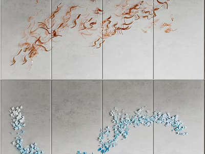 Modern Multi Panel Wall Decor with Gray Background and Flowing Orange Blue Elements 3d model