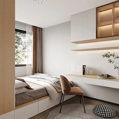 Modern Minimalist Tatami Bedroom Featuring Platform Bed Window Curtains Desk Chair Wooden Shelves And Plant 3d model