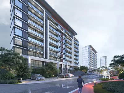 Modern High-Rise Residential Landscape With Lush Greenery Road Pedestrians And Parked Cars 3d model