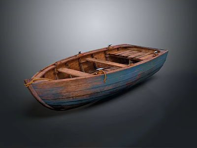 Rustic Blue And Brown Wooden Boat With Weathered Hulls And Wooden Seats 3d model