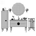 Elegant White Vanity with Marble Countertop Round Mirror and Gold Accents on Dark Gray Wall
