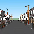 Vibrant Traditional Commercial Street With Pedestrians Cyclists Green Trees And Shop Fronts