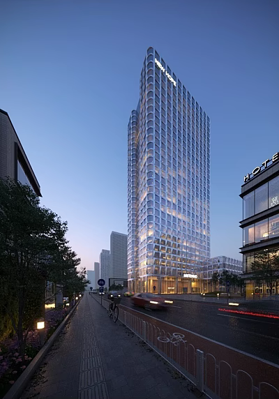 Vibrant Commercial Street With Tall Glass Buildings Hotel Trees And Evening Light Cars 3d model