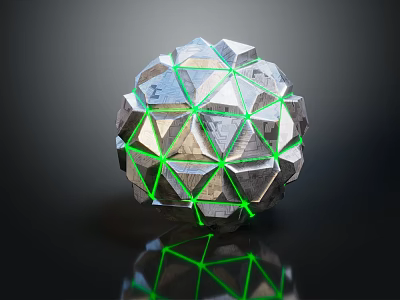 Cartoon Scene Featuring Metallic Polyhedral Sphere With Green Connecting Lines And Reflection 3d model