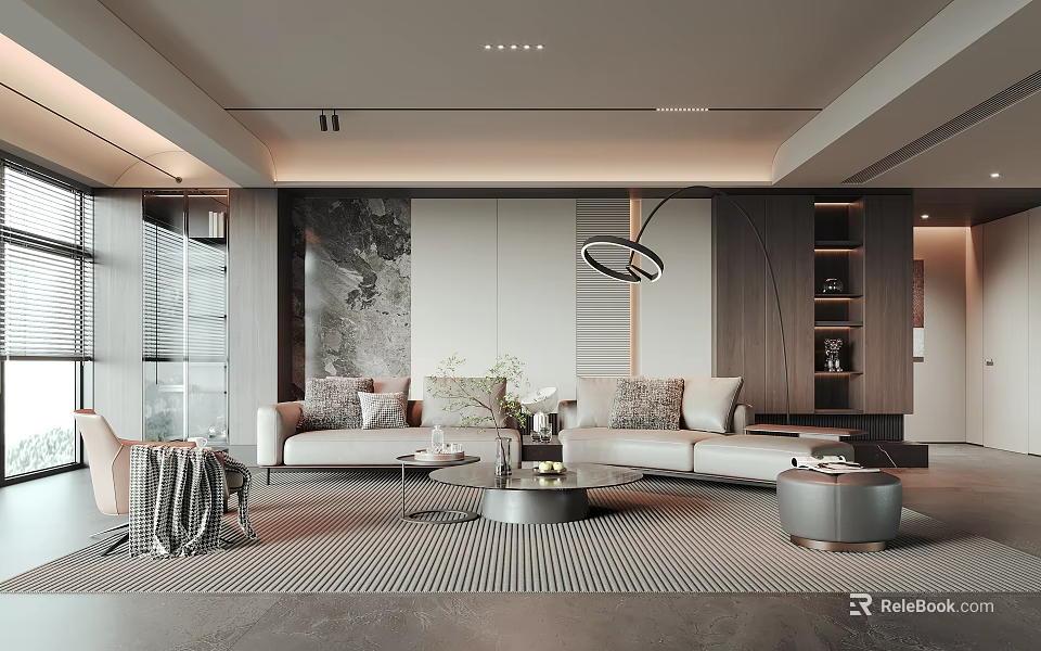 Modern Living Dining Room Interior Design With Sofa Coffee Table And Hanging Ring Light 3d model 