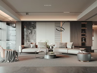 Modern Living Dining Room Interior Design With Sofa Coffee Table And Hanging Ring Light 3d model