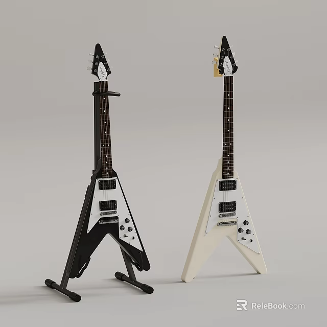 Black White Electric Guitars And Art Supplies With Paintbrushes On 3d model 