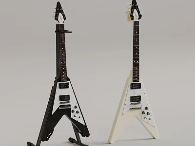 Black White Electric Guitars And Art Supplies With Paintbrushes On 3d model