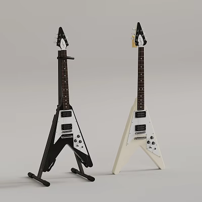 Black White Electric Guitars And Art Supplies With Paintbrushes On 3d model