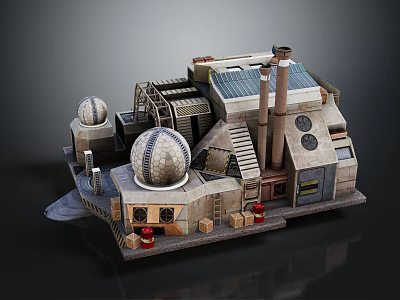 Detailed Cartoon Industrial Scene With Domed Buildings Chimneys Staircases And Red Barrels 3d model