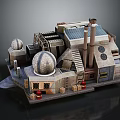 Detailed Cartoon Industrial Scene With Domed Buildings Chimneys Staircases And Red Barrels
