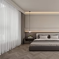 Modern Minimalist Bedroom Interior Design With Gray Bed Frame Herringbone Flooring And Bedside LED Strip
