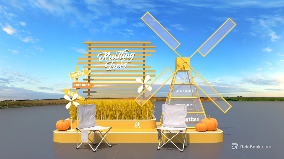 Outdoor Chestnut Trees Display With Yellow Windmill Wheat Pumpkins And Chairs 3d model 