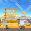 Outdoor Chestnut Trees Display With Yellow Windmill Wheat Pumpkins And Chairs