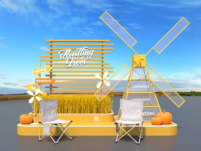 Outdoor Chestnut Trees Display With Yellow Windmill Wheat Pumpkins And Chairs 3d model