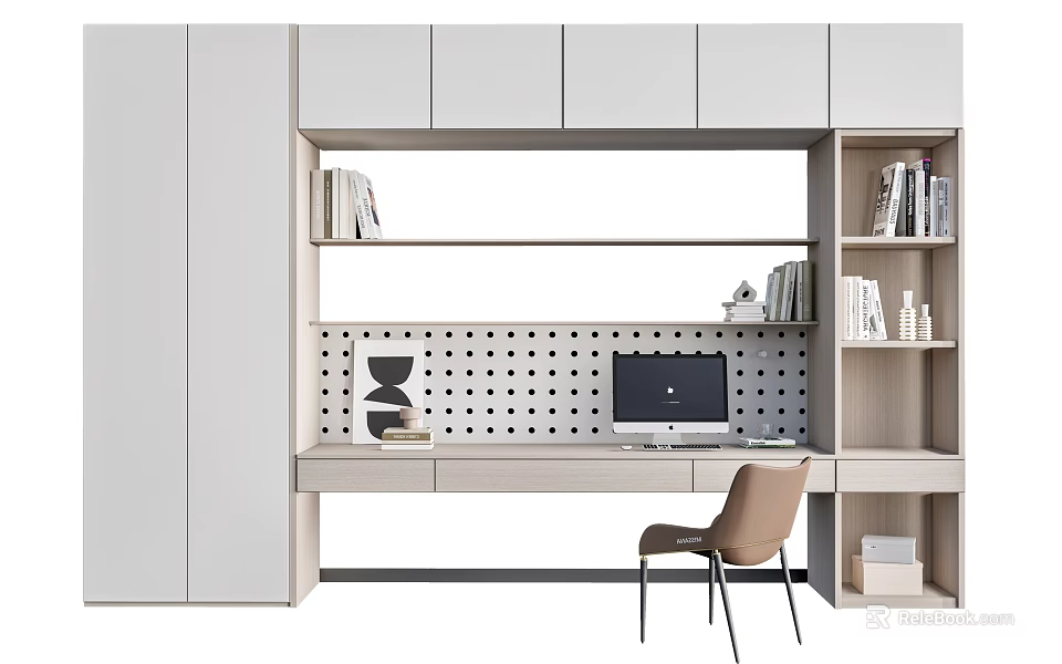 Modern Bookcase Interior Design With Desk Computer Chair And Storage Books 3d model