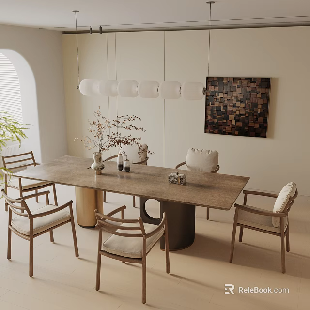 Modern Dining Table Set With Wooden Chairs Pendant Lights Abstract Wall Art And Flower Vase 3d model 