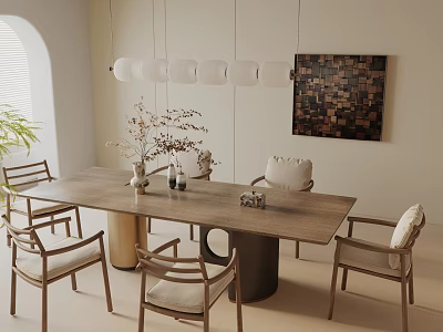 Modern Dining Table Set With Wooden Chairs Pendant Lights Abstract Wall Art And Flower Vase 3d model