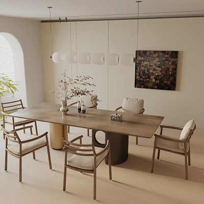 Modern Dining Table Set With Wooden Chairs Pendant Lights Abstract Wall Art And Flower Vase 3d model