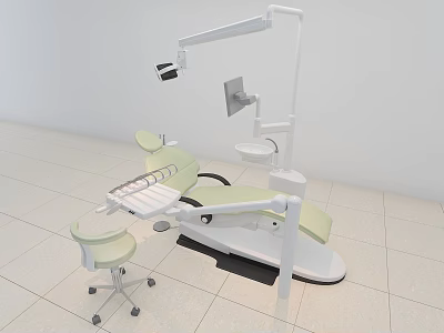 White And Green Dental Chair In Dental Clinic With Medical Equipment 3d model