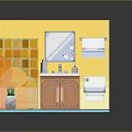 Cartoon Bathroom Scene With Yellow Walls Tiles Bathtub Sink Toilet Smiley Rug Plant And