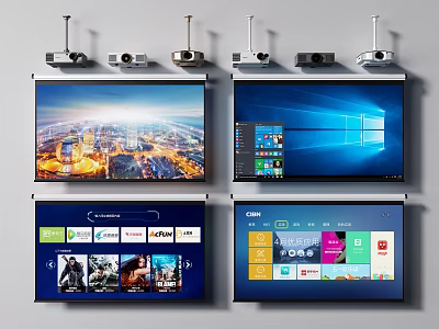 Projection Monitoring System With Multiple Screens Displaying City View Computer Interface And Application Icons 3d model