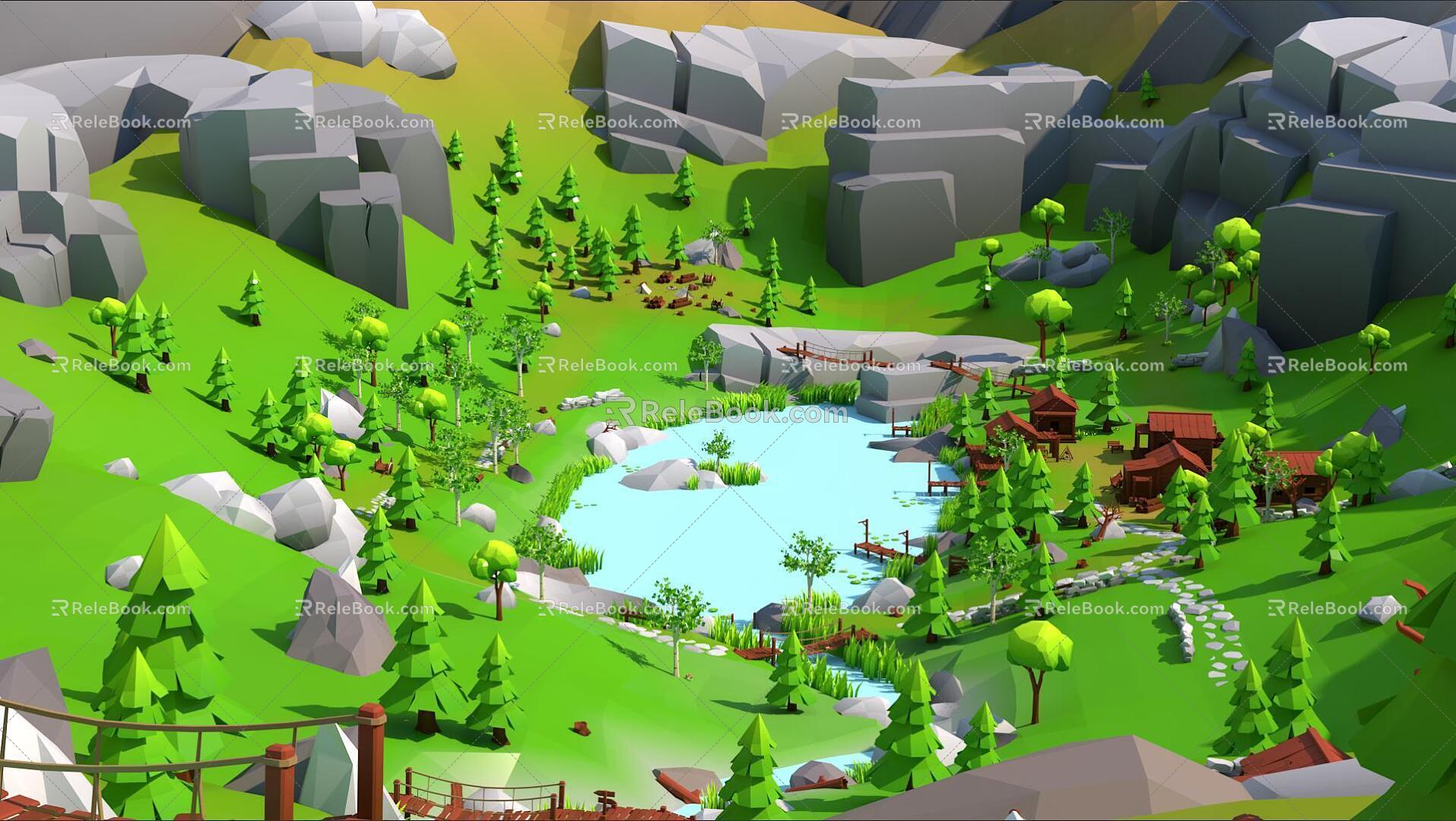 Cartoon forest Q version woodland cartoon village cartoon lake 3d model