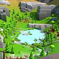 Cartoon forest Q version woodland cartoon village cartoon lake 3d model