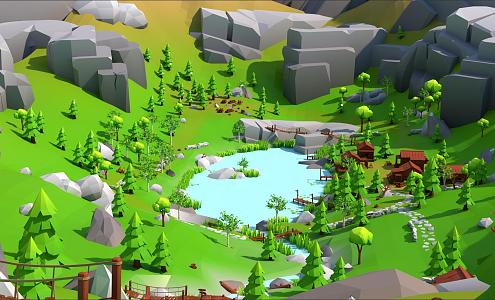 Cartoon forest Q version woodland cartoon village cartoon lake 3d model